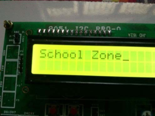 Figure3: shows the prototype of location identification and driver safety using RFID, eye-blink sensor and pressure sensor. This process is used to identify the location and driver safety during night hours. It is a self identifying device in a vehicle. In this method the RFID tags, RFID reader, Eye-blink sensor, Pressure sensor are used. Figure4: shows the identification and location of zones through reading of RFID tags. Each RFID tag has EIC code. The EIC code has electronic identification code. From the RFID tags, fixed on roads the reader identifies the location through antenna. This result states the identification of location and zones. The RFID reader placed in the bumper of vehicle and tags are placed in roads. Figure5: shows that the vehicle starts identifying the location based on the information stored in the RFID tags. Each unique electronic code present in tags is predefined in the microcontroller. In these electronic identification code, there is a predefined set that indicates the information whether the vehicle enters into school zone or not. If vehicle enters school zone prototype as shown in fig.6, the vehicle speed is automatically controlled (reducer), when enters into school zone and comes back to normal when school