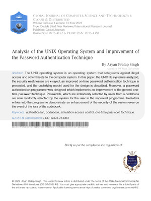 Analysis of the UNIX Operating System and improvement of the Password Authentication Technique